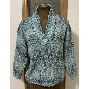 Vtg Evian Ombre Knit Sweater Women's Small Blue Aqua Slouch Shoulders Button